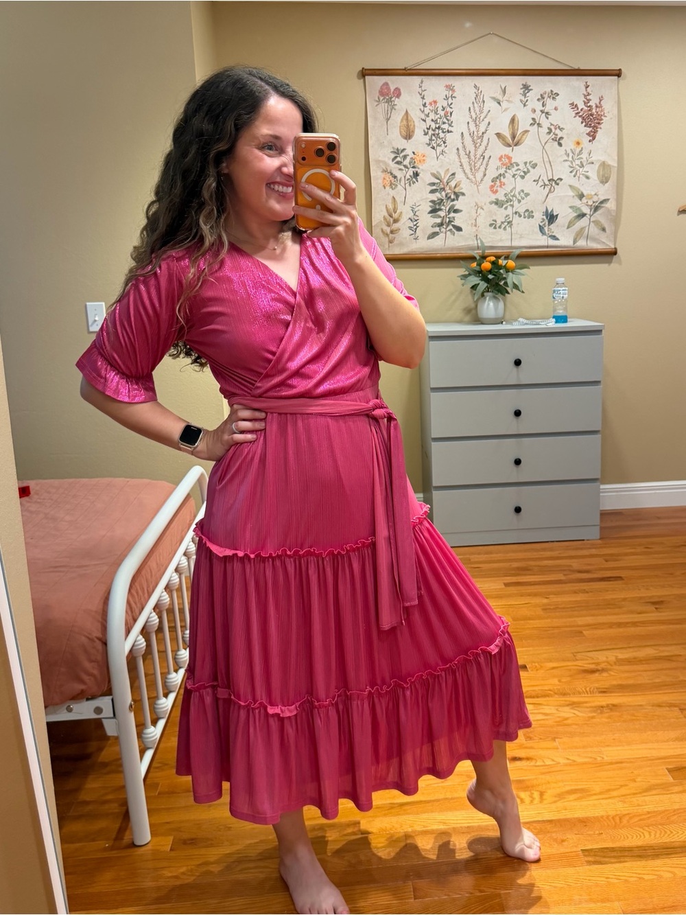 Ivy City Co Millie Metallic Pink Tiered Midi Dress Small